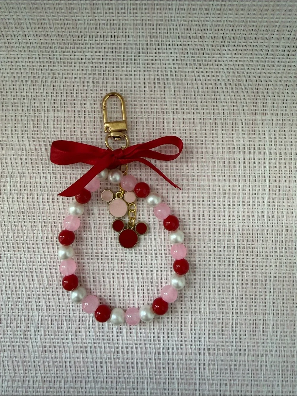 Red & Pink Beaded Key and Card Holder with Bow Charm